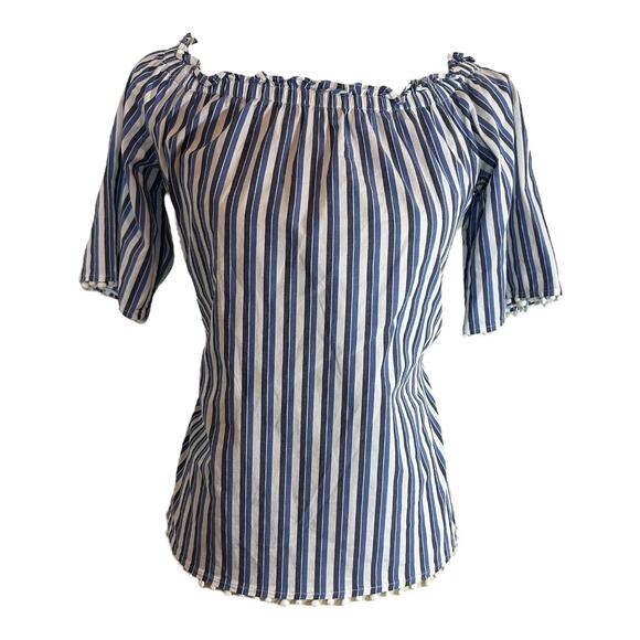 Trina Turk Small Top Sleeveless Blouse Blue Striped Preppy Coastal Poms Coastal - Picture 2 of 12